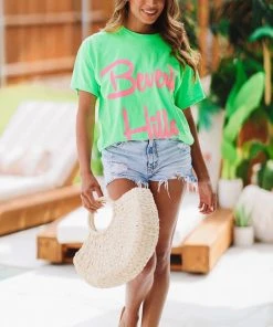 Hazel & Olive NEW ARRIVALS Beverly Hills Graphic Tee - Neon Green And Pink