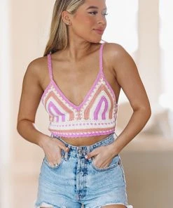 Hazel & Olive NEW ARRIVALS Cali Dreaming Knit Crochet Top - Purple, White, Apricot