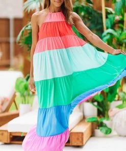 Hazel & Olive Color In Caicos Maxi Dress - Rainbow Pink, Mint, Blue, Purple