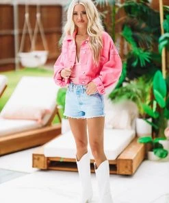 Hazel & Olive Country Rockin' Rhinestone Cropped Denim Jacket - Hot Pink NEW ARRIVALS