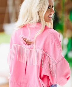Hazel & Olive Country Rockin' Rhinestone Cropped Denim Jacket - Hot Pink NEW ARRIVALS