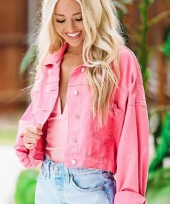 Hazel & Olive Country Rockin' Rhinestone Cropped Denim Jacket - Hot Pink NEW ARRIVALS