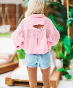 Hazel & Olive Country Rockin' Rhinestone Cropped Denim Jacket - Pink