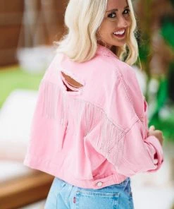 Hazel & Olive Country Rockin' Rhinestone Cropped Denim Jacket - Pink