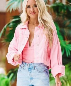 Hazel & Olive Country Rockin' Rhinestone Cropped Denim Jacket - Pink