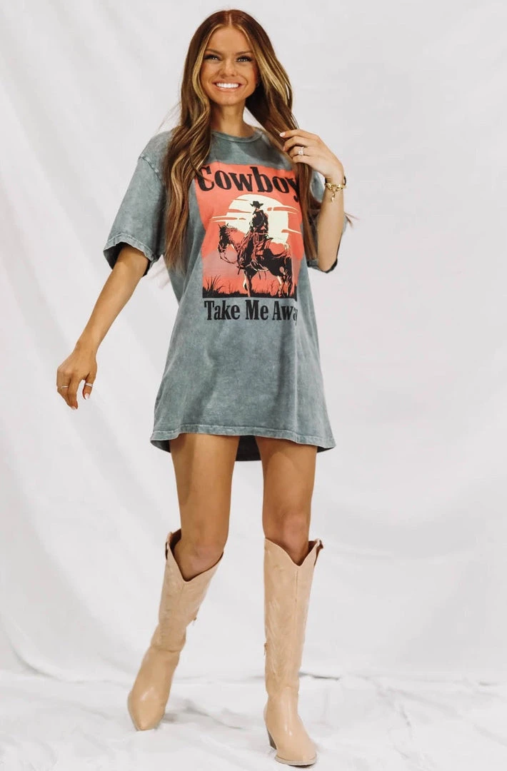 Hazel & Olive Cowboy Take Me Away Graphic Tshirt Dress Or Tee - Gray 3 Hazel & Olive Cowboy Take Me Away Graphic Tshirt Dress Or Tee - Gray