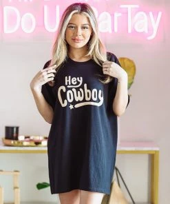 Hazel & Olive NEW ARRIVALS Hey Cowboy Graphic Tshirt Dress Or Tee - Black