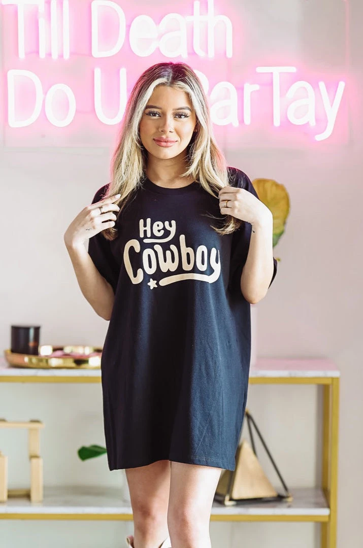Hazel & Olive NEW ARRIVALS Hey Cowboy Graphic Tshirt Dress Or Tee - Black 4 Hazel & Olive NEW ARRIVALS Hey Cowboy Graphic Tshirt Dress Or Tee - Black