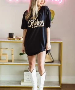 Hazel & Olive NEW ARRIVALS Hey Cowboy Graphic Tshirt Dress Or Tee - Black
