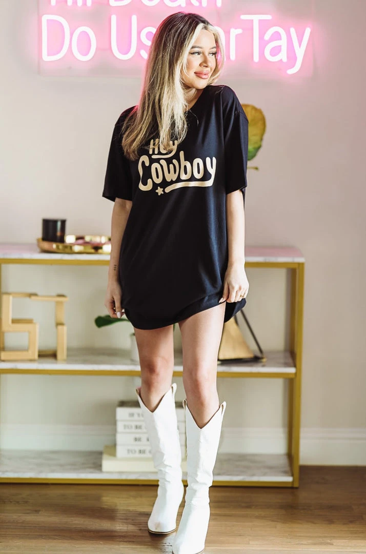 Hazel & Olive NEW ARRIVALS Hey Cowboy Graphic Tshirt Dress Or Tee - Black 3 Hazel & Olive NEW ARRIVALS Hey Cowboy Graphic Tshirt Dress Or Tee - Black