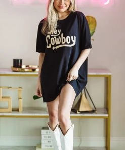 Hazel & Olive NEW ARRIVALS Hey Cowboy Graphic Tshirt Dress Or Tee - Black 10 Hazel & Olive NEW ARRIVALS Hey Cowboy Graphic Tshirt Dress Or Tee - Black