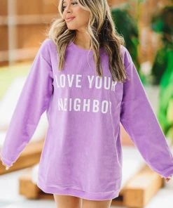 Hazel & Olive NEW ARRIVALS Love Your Neighbor Crewneck Pullover - Purple