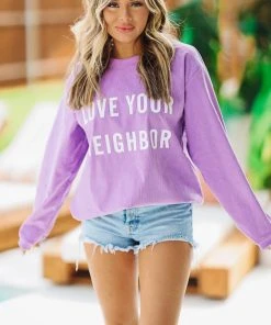 Hazel & Olive NEW ARRIVALS Love Your Neighbor Crewneck Pullover - Purple