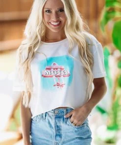 Hazel & Olive Mimosas Motel Crop Top Graphic Tee - White NEW ARRIVALS