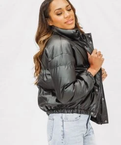 Hazel & Olive NEW ARRIVALS Rock With Me Vegan Leather Puffer Coat - Black (FINAL SALE)