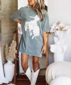 Hazel & Olive Saddle Up Graphic Tshirt Dress Or Tee - Smokey Gray