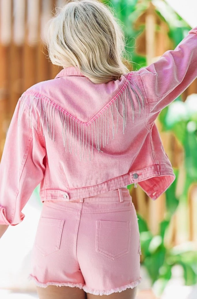 Hazel & Olive NEW ARRIVALS Something To Talk About Fringe Denim Jacket - Pink 3 Hazel & Olive NEW ARRIVALS Something To Talk About Fringe Denim Jacket - Pink